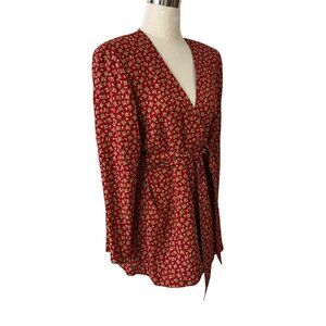 Maren Red Paisley Wrap Tunic Top Blouse Size PS Long Sleeves USA Vintage 1990s